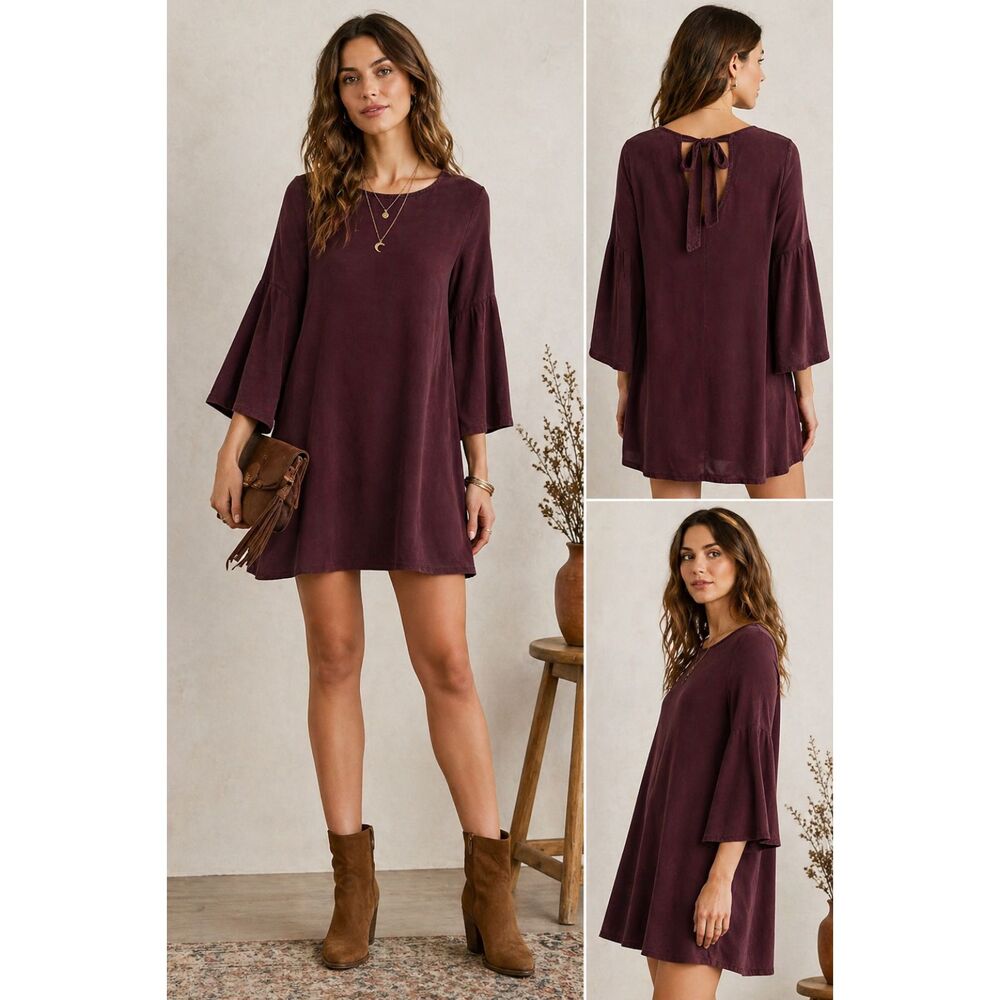 Anthropologie Cloth & Stone Tencel Bell Sleeve Mini Dress Lagenlook Tie Back NWT